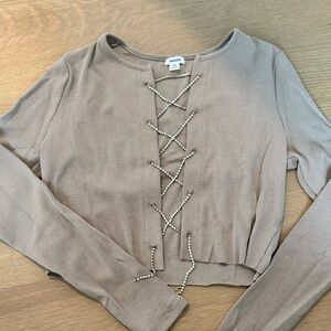 Garage Beige Lace-Up Ribbed Crop Top